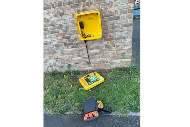 The vandalised defibrillator at the Chestnuts Community Centre.
