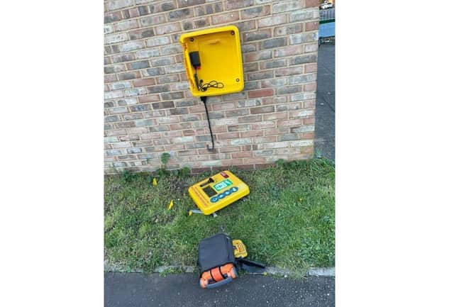 The vandalised defibrillator at the Chestnuts Community Centre.