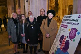 Deputy Mayor of Peterborough Nick Sandford and Deputy Mayoress Bella Saltmarsh with Neil and Jean McKittrick,  CEO of Kidney Research Sandra Currie , kidney donor Kevin Abraham and his daughter Kathryn Croker, his kidney recipient at the charity's advent5 event at Peterborough Cathedral