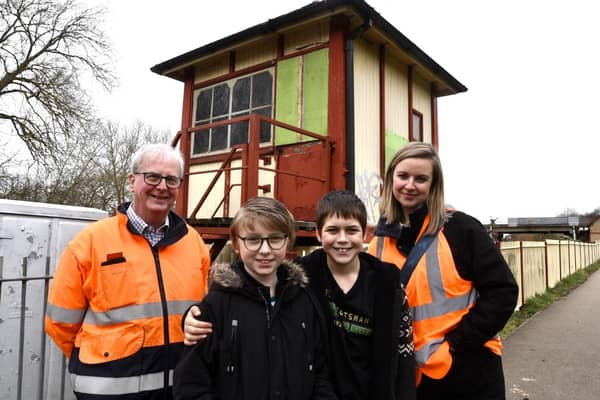 Nene Valley Railway chairman Michael Purcell with Oliver Walker, Harry Cowley and Nene Valley Railway general manager Sarah Piggott