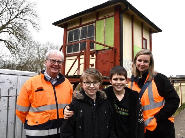 Nene Valley Railway chairman Michael Purcell with Oliver Walker, Harry Cowley and Nene Valley Railway general manager Sarah Piggott