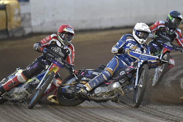 Heat one of the meeting between Panthers and King's Lynn involving Chris Harris (left) of the city side. Photo: David Lowndes.