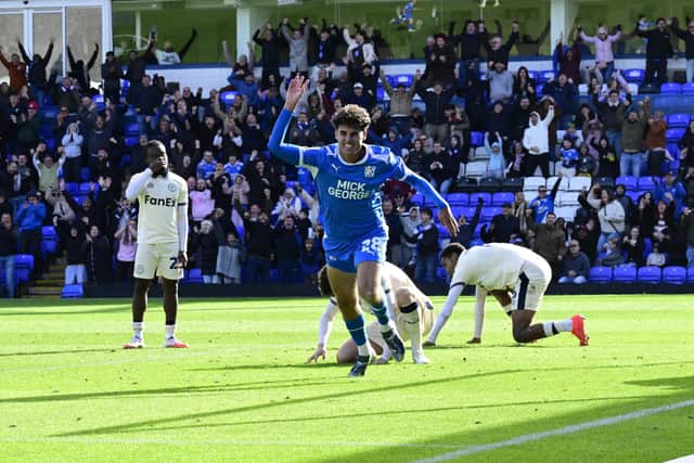 Matt Garbett celebrates his last-minute equaliser for Posh against Burton. Photo David Lowndes.
