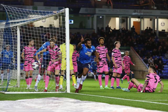 Nathan Thompson of Peterborough United scores the opening goal of the game against Forest Green. Photo: Joe Dent.
