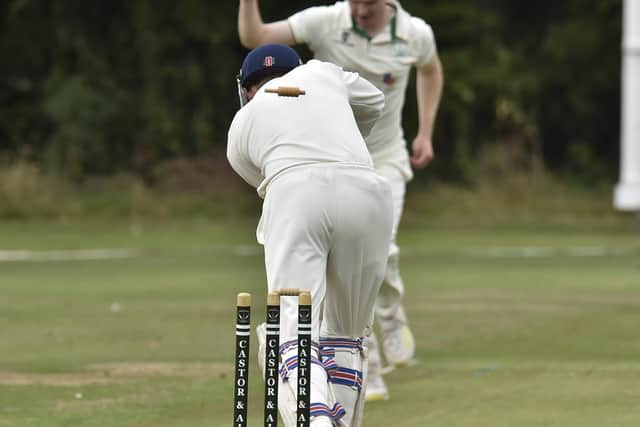 Matt Smith of Ufford Park is bowled by Castor's Stuart Dockerill for a duck. Photo: David Lowndes.