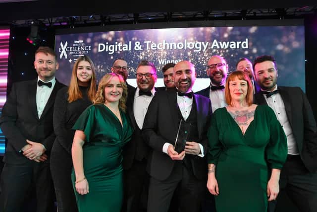 Guest speaker and adventurer James Ketchell, left, with the digital and technology award winners Brave Agency, with founder Tony Conte, centre.