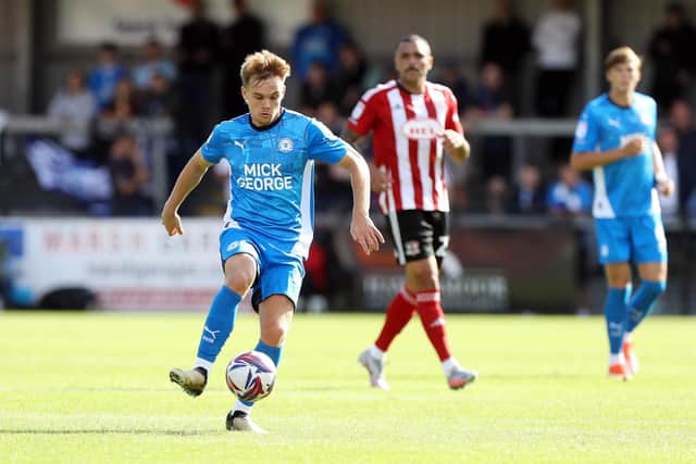 Archie Collins on the ball for Posh at Exeter.  Photo Joe Dent/theposh.com.