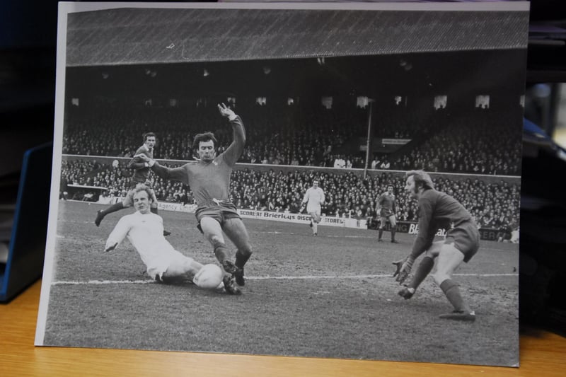 The 1974 FA Cup tie turned out to be the last of over 200 games for Posh goalkeeper Mick Drewery (pictured). Keith Bradley is the Posh player in the picture and that's Terry Yorath of Leeds.
