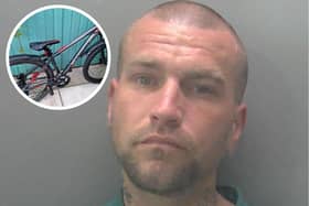 Daniel Cowlbeck pictured with the mountain bike (inset) which was never recovered (images: Cambridgeshire Police).