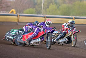 Richie Worrall leads the way for Panthers in this heat against Belle Vue. Photo: Jeff Davies.