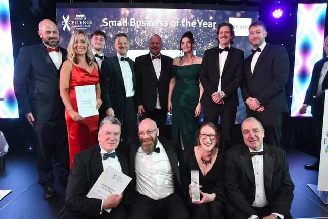 Peterborough Telegraph Business Excellence Awards 2023's guest speaker James Ketchell with sponsor Ashley Killingsworth and Small Business of the Year winners GH Displays and finalists Vero HR and Flagship Partners
