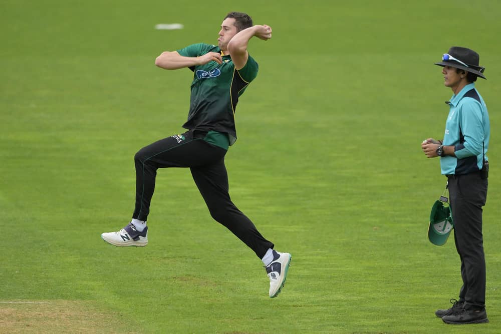 Bourne and Glamorgan seamer Ray Toole in action. Photo Kerry Marshall/Getty Images.