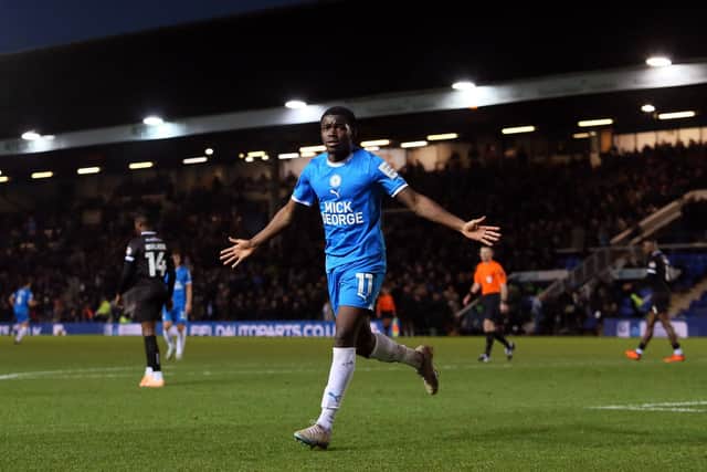 Kwame Poku after scoring for Posh against Burton Albion in November. Photo: Joe Dent/theposh.com