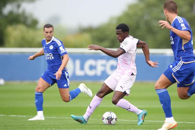 Kwame Poku in action for Posh against Leicester City. Photo: Joe Dent/theposh.com
