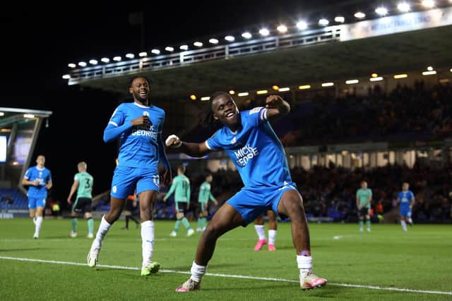 Peter Kioso celebrates his goal for Posh against Cheltenham earlier this season. Photo: Joe Dent/theposh.com.