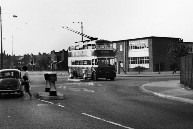 Crossing Somers Road 1960s. A trolleybus on route 17 to Eastney takes the staggered crossroads. Picture: Barry Cox