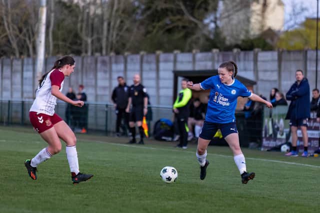 Player-of-the-match Evie Driscoll-King (right) in action for Posh Wimen in the Northants County Cup Final. Photo: Ruby Red Photography