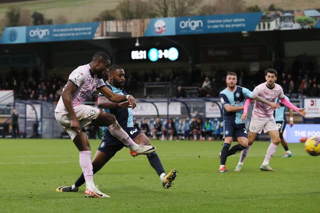 David Ajiboye of Peterborough United scores at Wycombe Wanderers. Photo Joe Dent/theposh.com.