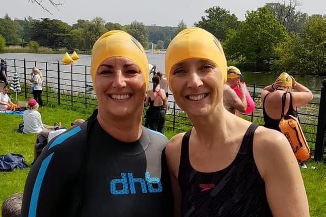Liza Raby and Hannah Lowndes all ready for their open water swim.