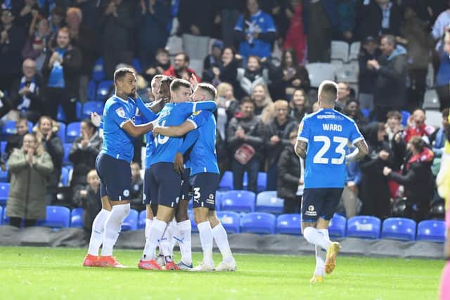 Posh celebrate a goal for Ricky-Jade Jones against Forest Green Rovers. Photo: David Lowndes.