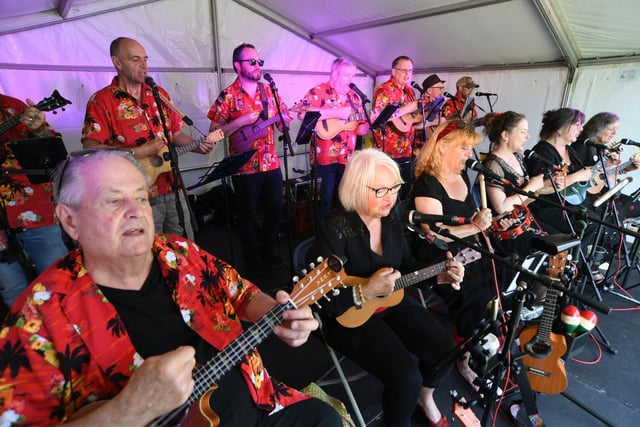 Crowds at St Botolph's Festival on the Green. On stage the Palmy Ukulele Band