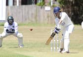 Orton Park's Adrian van der Westhuyzen was caught behind by Sam Malton off the bowling of Newborough's Tom Shipman from this delivery. Photo David Lowndes.