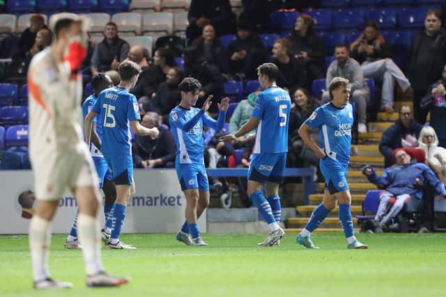 Posh celebrate Joel Randall's first goal v Blackpool. Photo Joe Dent/theposh.com