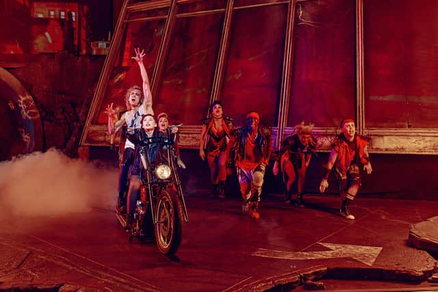 Glenn Adamson as Strat, Martha Kirby as Raven and the cast of Bat Out Of Hell in BAT OUT OF HELL THE MUSICAL. Photo Credit - Chris Davis Studio