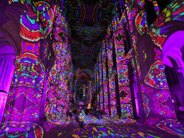 The Beginning Luxmuralis light and sound show at Peterborough Cathedral.