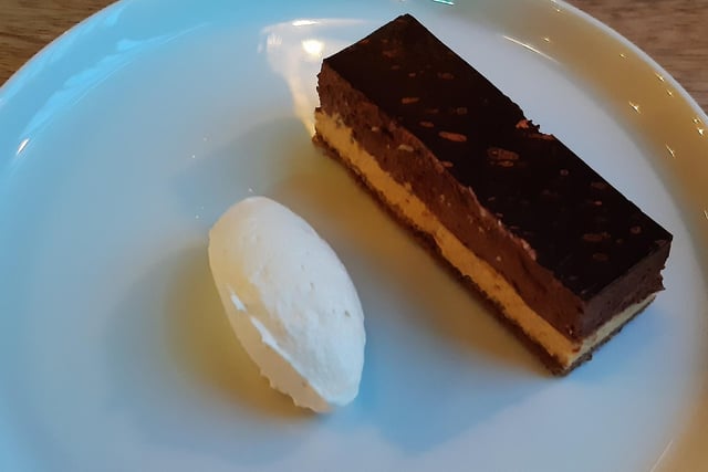 Brad Barnes dines at the new Mildred's Bistro in Stamford. The chocolate delice