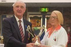 Northants presidents Martyn Dolby and Liz Hext with the Gents v Ladies Ean Eagle challenge trophy which was won by the men.