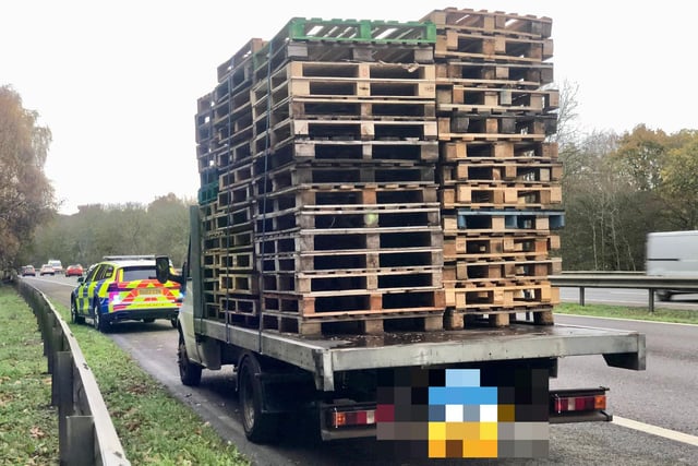 This vehicle was stopped because of its insecure load. The driver was found to be uninsured and a provisional license holder, driving on a motorway. Vehicle seized.