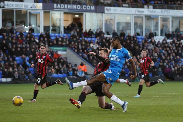 Ricky-Jade Jones gets a shot away for Posh against Oxford. Photo: Joe Dent/theposh.com.