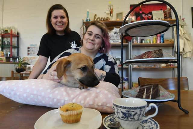 The doggy cafe at The Hub Tenter Hill, Stanground. Abbi Goodwin and Clair Albone with Teddie
