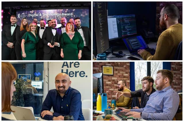 Top left, Peterborough Telegraph Business Excellence Awards 2023 guest speaker and adventurer James Ketchell, left, with the digital and technology award winners Brave Agency, with founder Tony Conte, centre; below left, Mr Conte; Brave Agency staff at work.