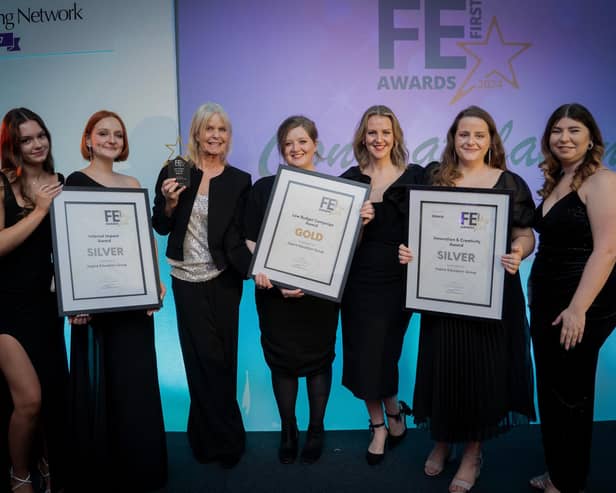 Inspire Education Group's marketing team, from left, Laura Saunders, Emmalee Higgins, Rosie Maclennan, Rachel Watchorn, Kate Knight, Laura Wells and Paulina Zacher, at the College Marketing Network FE First 2024 Awards.
