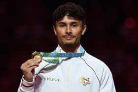Jake Jarman with his fourth Gold medal of the 2022 Commonwealth Games. (Photo by PAUL ELLIS/AFP via Getty Images)