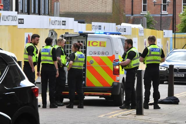 Police on duty in Peterborough city centre.