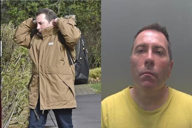 Simon Rouse arriving at court, and a police mugshot