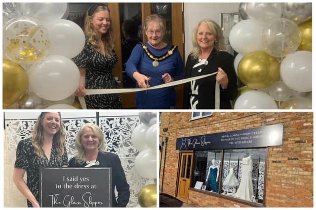 Top, the official opening of The Glass Slipper in Whittlesey by the Mayor of Whittlesey Councillor Kay Mayor, centre, with co-owners Stefanie King, left, and Marie King; below left, Stefanie King and Marie King; and the frontage of The Glass Slipper.