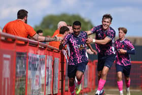 Peterborough Sports celebrate Leon Lobjoit's equaliser at Needham Market. Photo Darren Wiles