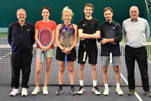 The winning City of Peterborough team, from left, Geoff Smith (league secretary), Iva Taylor, Katrine Turvey, Felix Beech, Alex Parker, Denis Vincent (league chairman).