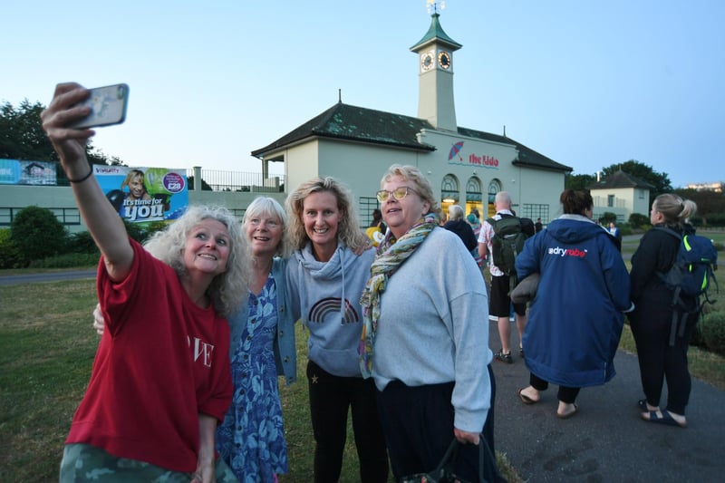 Happy snappers take a selfie as they queue up to head into the sunrise swim at the lido.