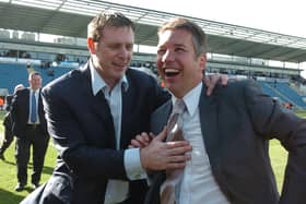 Darragh MacAnthony and Darren Ferguson celebrate promotion from League One at the end of the 2008-09 season. Photo: David Lowndes.