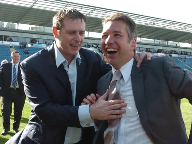 Darragh MacAnthony and Darren Ferguson celebrate promotion from League One at the end of the 2008-09 season. Photo: David Lowndes.