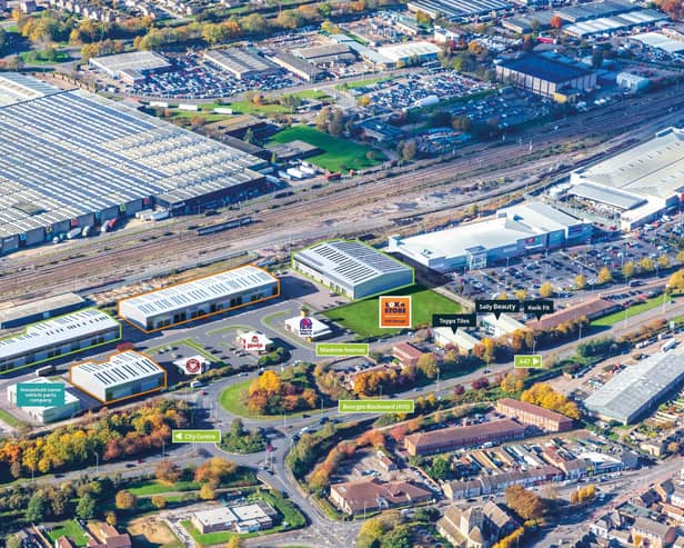 This image shows the layout of the Bourges View business park in Maskew Avenue, Peterborough, with the units planned to be occupied by Tile Mountain and Bathroom Mountain marked in orange and next to the Costa Coffee drive-thru.