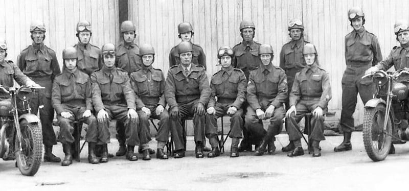 Fine image showing despatch riders of the Hunts Home Guard who were based at the London Road Drill Hall during the Second World War. Willis Joseph Charles Foreman (known as Charlie) is seated third from the right (image: Roger Negus).
