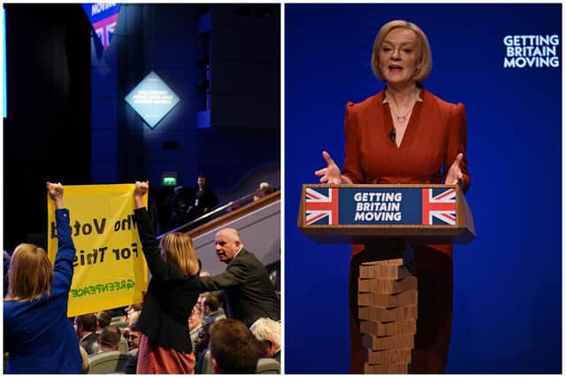 John Peach grabbed the flag from protesters as Liz Truss gave her speech at the Tory party conference