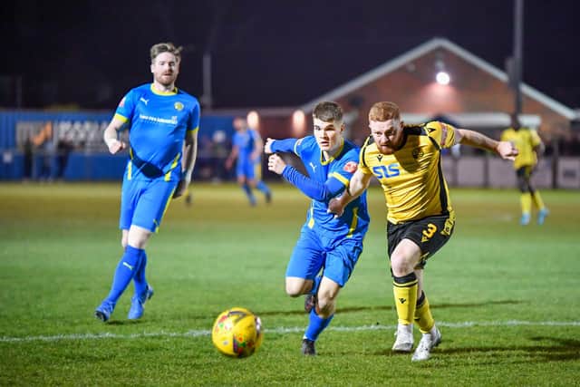 Brad Rolt (left) scored for Spalding United against Stafford Rangers. Photo: James Richardson.