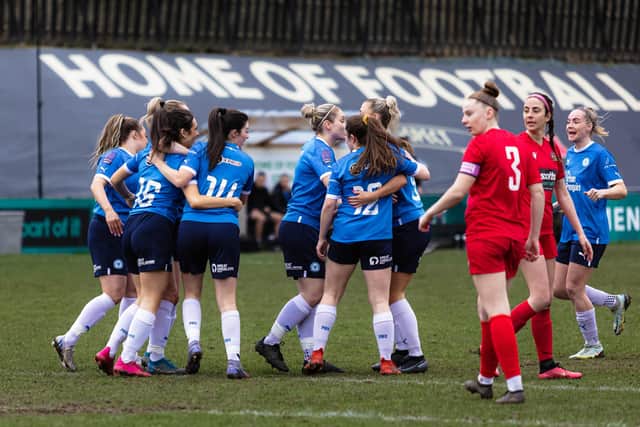 Posh Women celebrate their goal at Sheffield. Photo: Ruby Red Photography